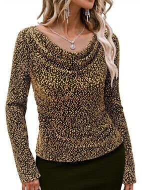Women's Gold Leopard Cowl Neck Stretchy Glitter Cocktail Party Long Sleeve Tops